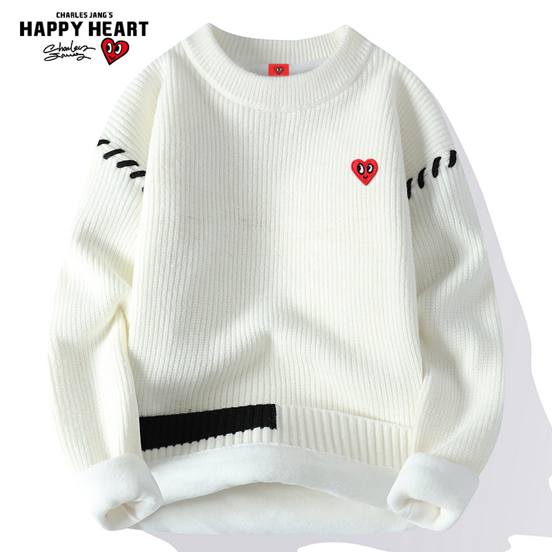 查尔斯桃心 加绒加厚圆领毛衣男2025新款冬季爱心内搭打底针织衫
