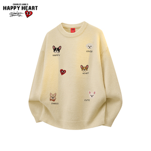 查尔斯桃心绵羊绒小狗印花圆领毛衣男女秋冬季软糯情侣休闲针织衫