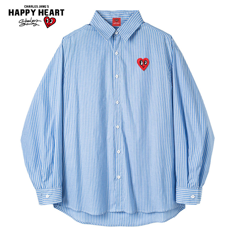 查尔斯桃心2025春秋蓝色条纹长袖衬衫男女纯棉宽松慵懒风衬衣外套