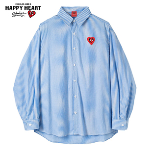 查尔斯桃心2025春秋蓝色条纹长袖衬衫男女纯棉宽松慵懒风衬衣外套