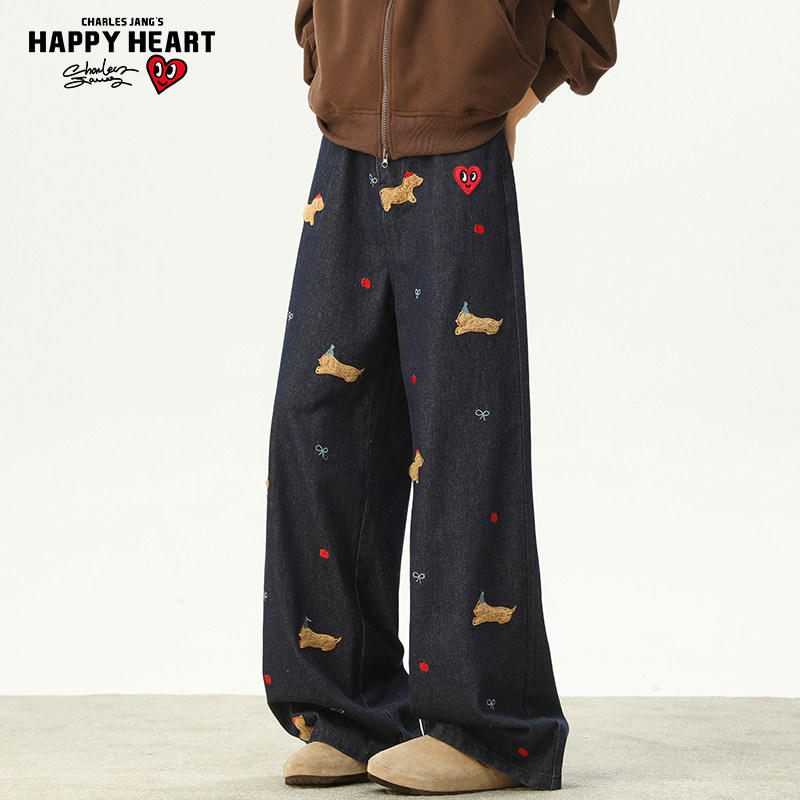 查尔斯桃心 美式腊肠狗贴布牛仔裤男女款春秋季设计直筒拖地长裤