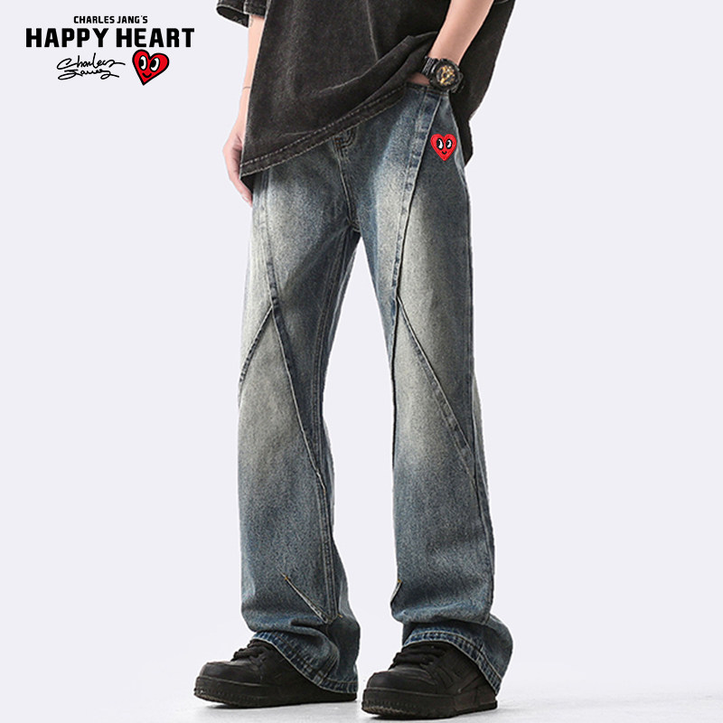 查尔斯桃心 美式高街水洗牛仔裤男2026春秋新款压褶拼接微喇拖地