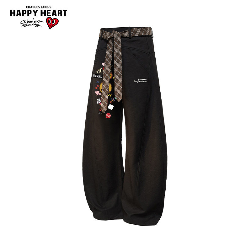 查尔斯桃心趣味印花裤子男女秋冬季宽松直筒情侣阔腿休闲弯刀长裤,男装,休闲裤,淘宝优惠券,粉丝福利购,淘宝优惠卷