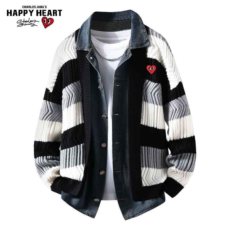 查尔斯桃心 条纹撞色假两件针织开衫男女春秋季宽松潮流百搭外套
