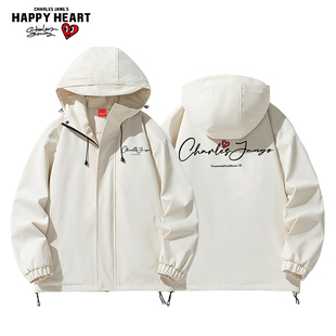 手写字母印花户外登山情侣外套 冲锋夹克男春秋季 查尔斯桃心 美式