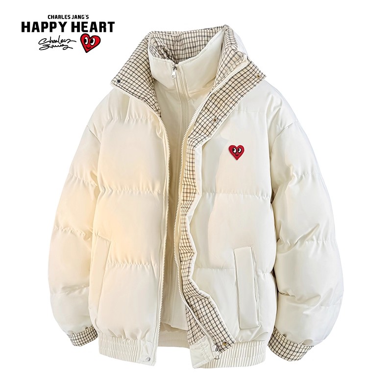 查尔斯桃心格纹假两件棉服男外套