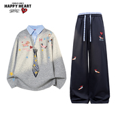 男腊肠狗情侣休闲长裤 查尔斯桃心学院风领带假两件衬衫 领卫衣套装