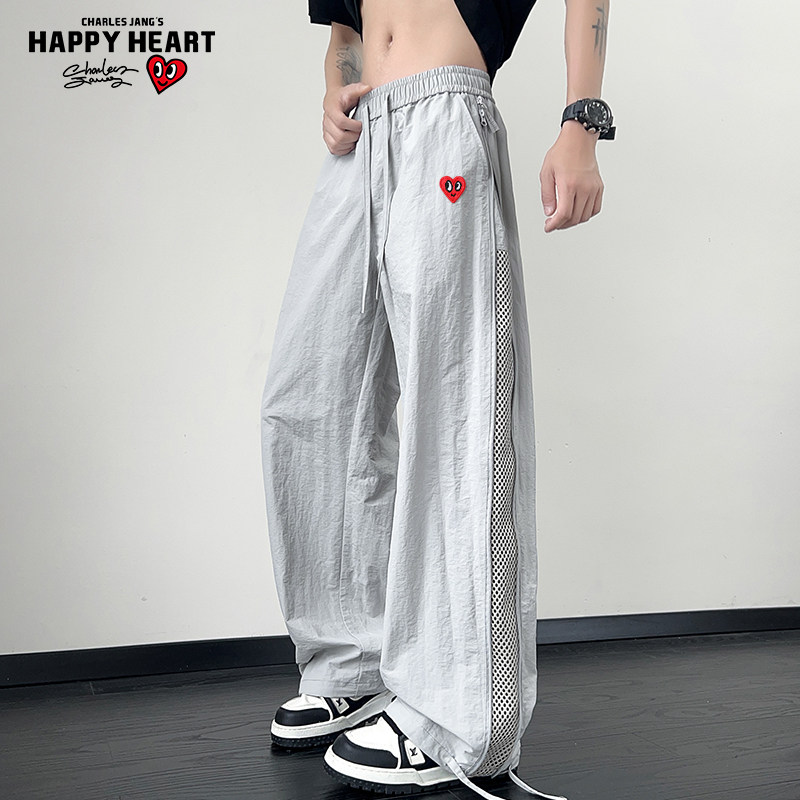 查尔斯桃心美式拼接网眼拉链运动裤男夏季薄款透气防水速干阔腿裤