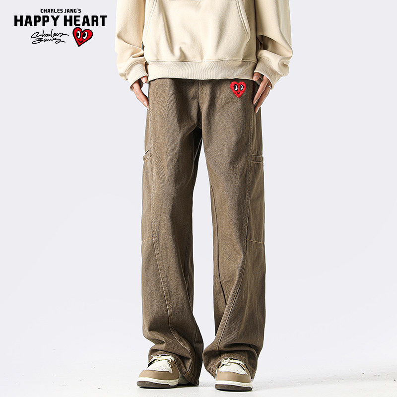 查尔斯桃心 美式工装牛仔裤男女复古春秋季宽松直筒阔腿休闲裤子