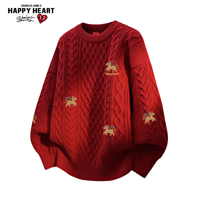 查尔斯桃心麻花圆领红色毛衣男女冬季新款2026马年宽松慵懒针织衫