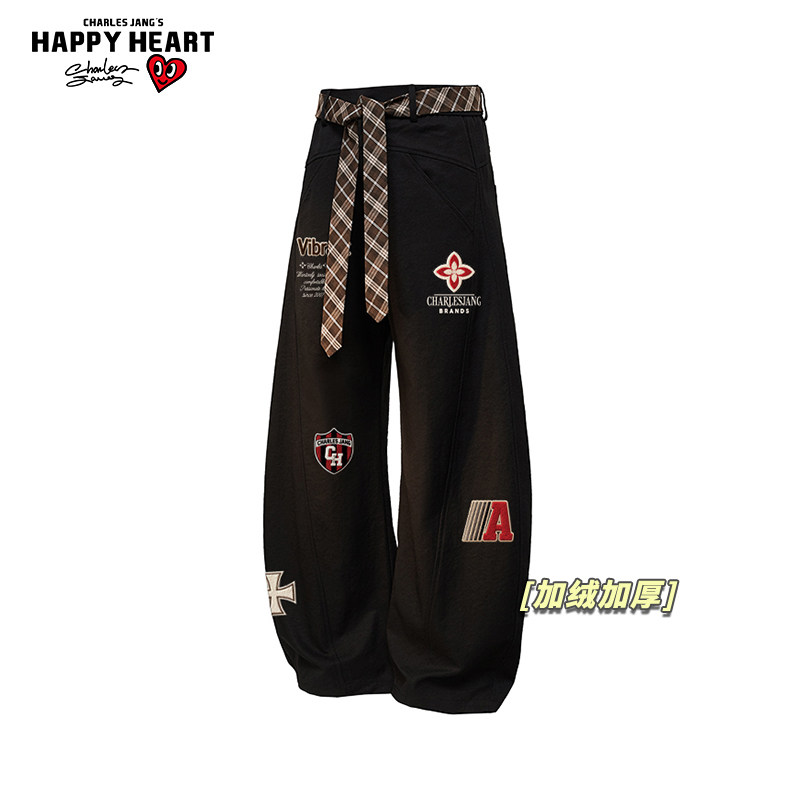 查尔斯桃心美式印花弯刀休闲裤男女春秋冬季新款加绒宽松直筒裤子
