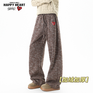 加厚保暖阔腿直筒休闲长裤 子男冬季 复古重磅加绒裤 查尔斯桃心美式
