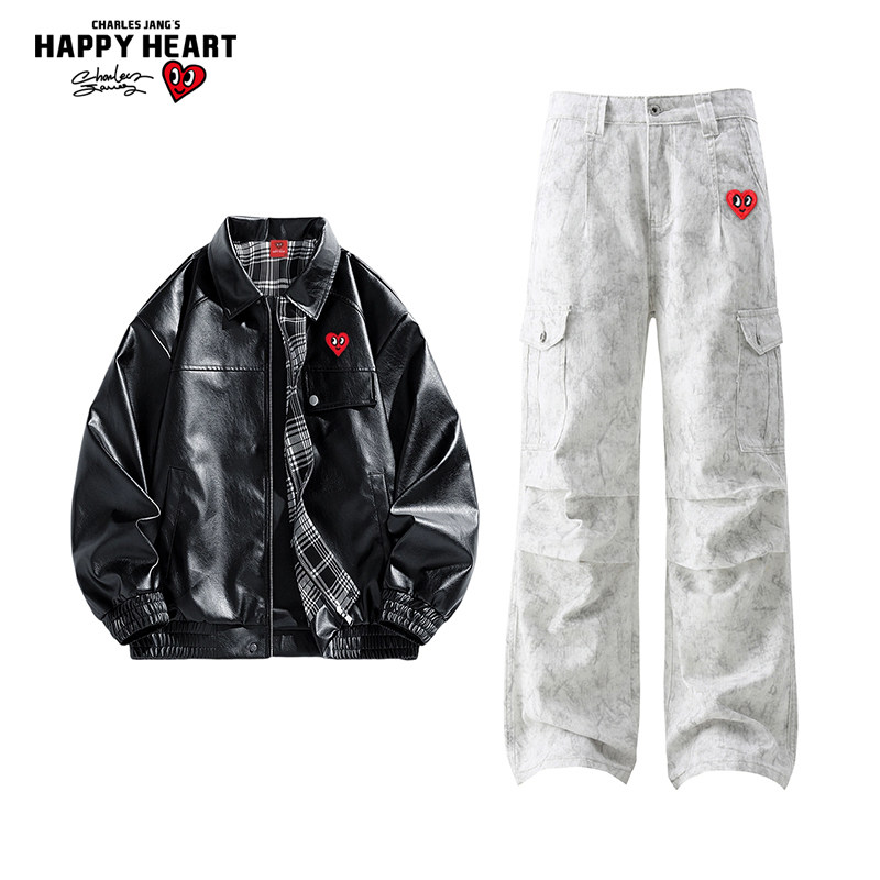 查尔斯桃心美式休闲套装男女秋冬季新款西服外套情侣直筒长裤子潮