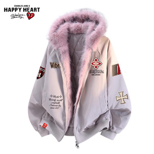 查尔斯桃心座山雕毛领连帽棉衣冬季 情侣加厚徽章印花防寒棉服外套