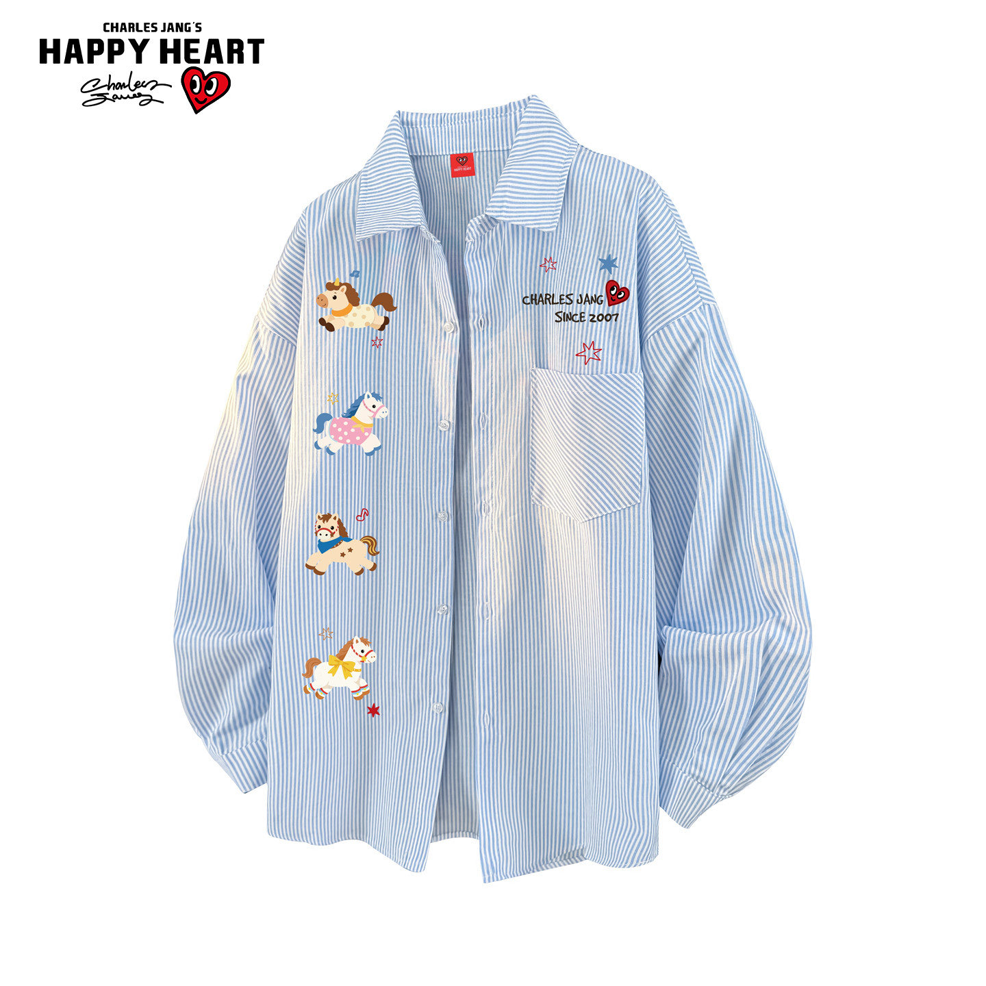 查尔斯桃心卡通印花条纹长袖衬衫男女春山新宽松休闲情侣衬衣外套