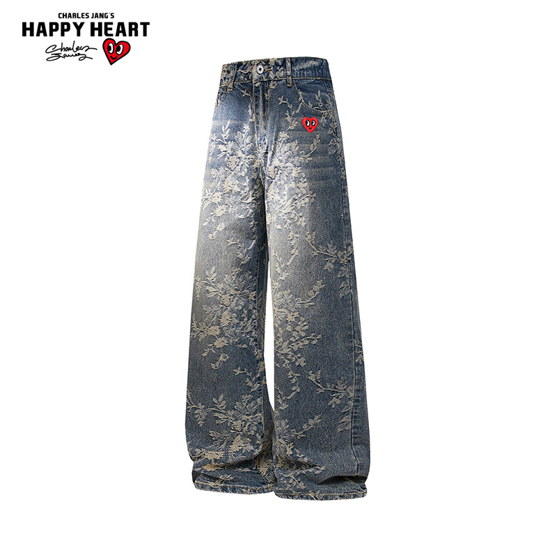 查尔斯桃心美式高街复古提花阔腿牛仔裤男士宽松水洗复古直筒长裤