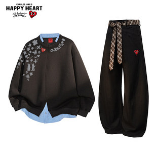 查尔斯桃心休闲假两件卫衣套装男女秋冬季新款直筒宽松情侣长裤子