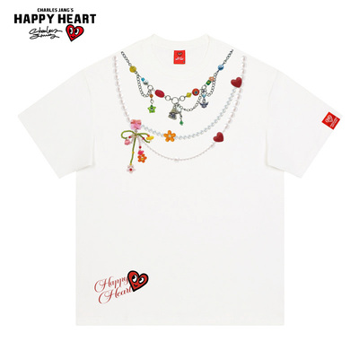 查尔斯桃心珍珠项链印花短袖T恤
