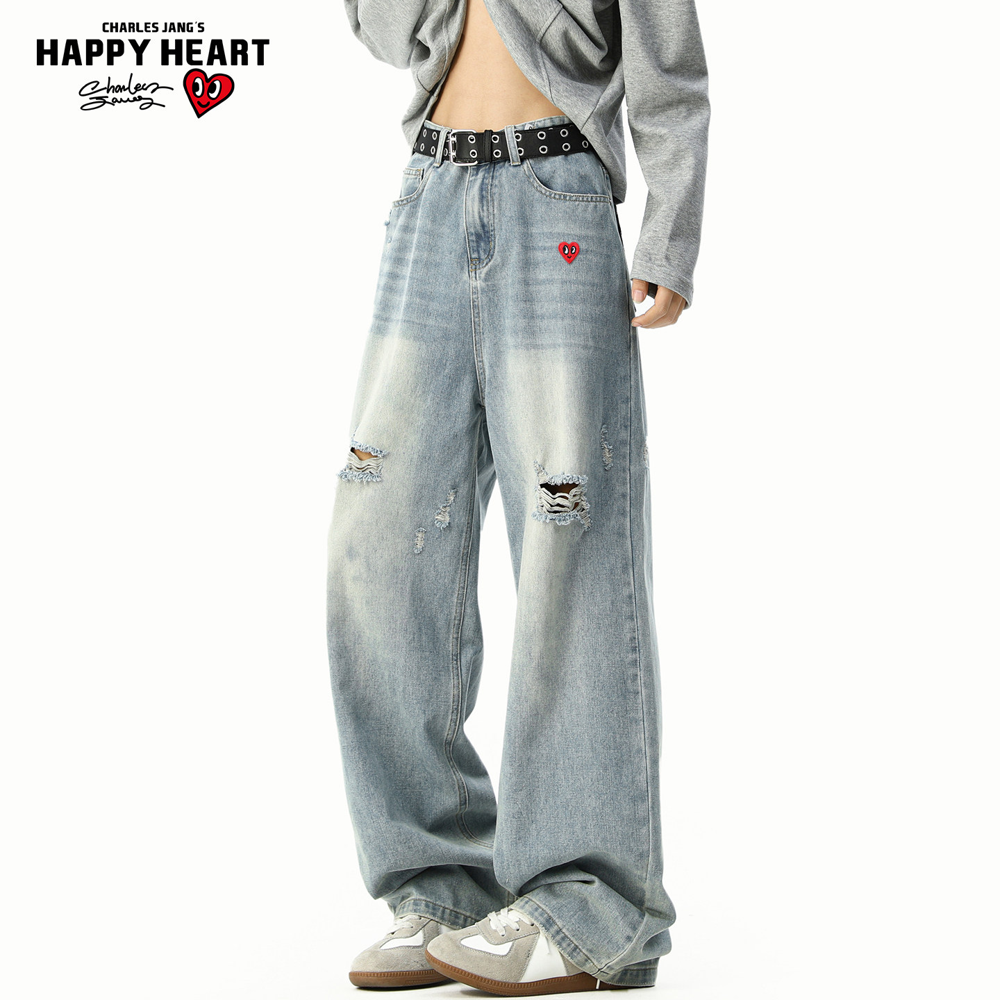 查尔斯桃心美式高街破洞牛仔裤男女春秋季潮流宽松阔腿直筒长裤子,男装,牛仔裤,淘宝优惠券,粉丝福利购,淘宝优惠卷