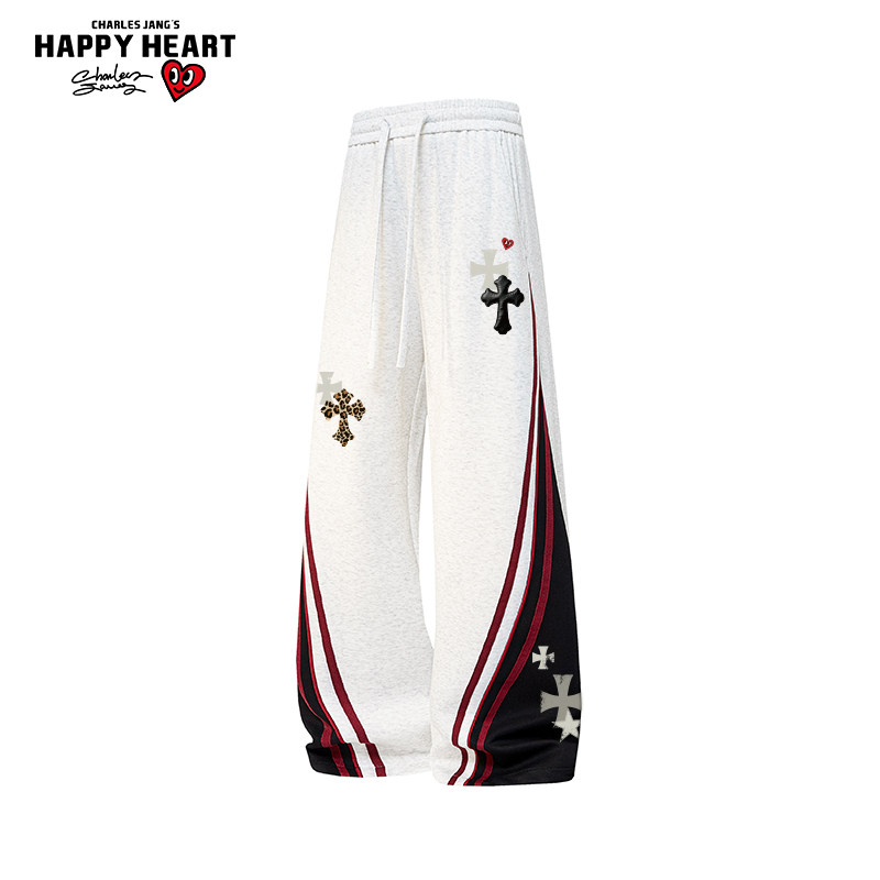 查尔斯桃心十字架条纹运动裤子男女春秋夏季新款休闲直筒重磅卫裤