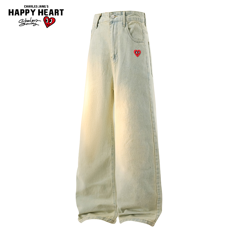 查尔斯桃心黄泥牛仔裤男冬季加绒加厚水洗美式高街微喇直筒长裤子