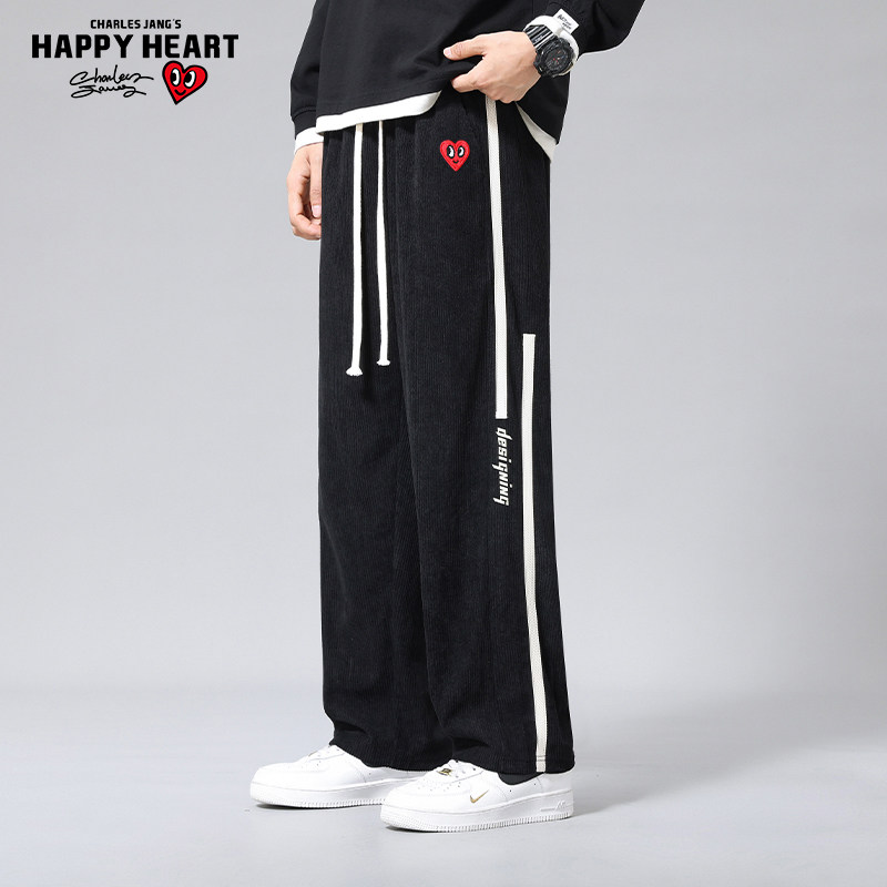 查尔斯桃心 条纹灯芯绒休闲裤子男2025新款冬季宽松直筒爱心长裤