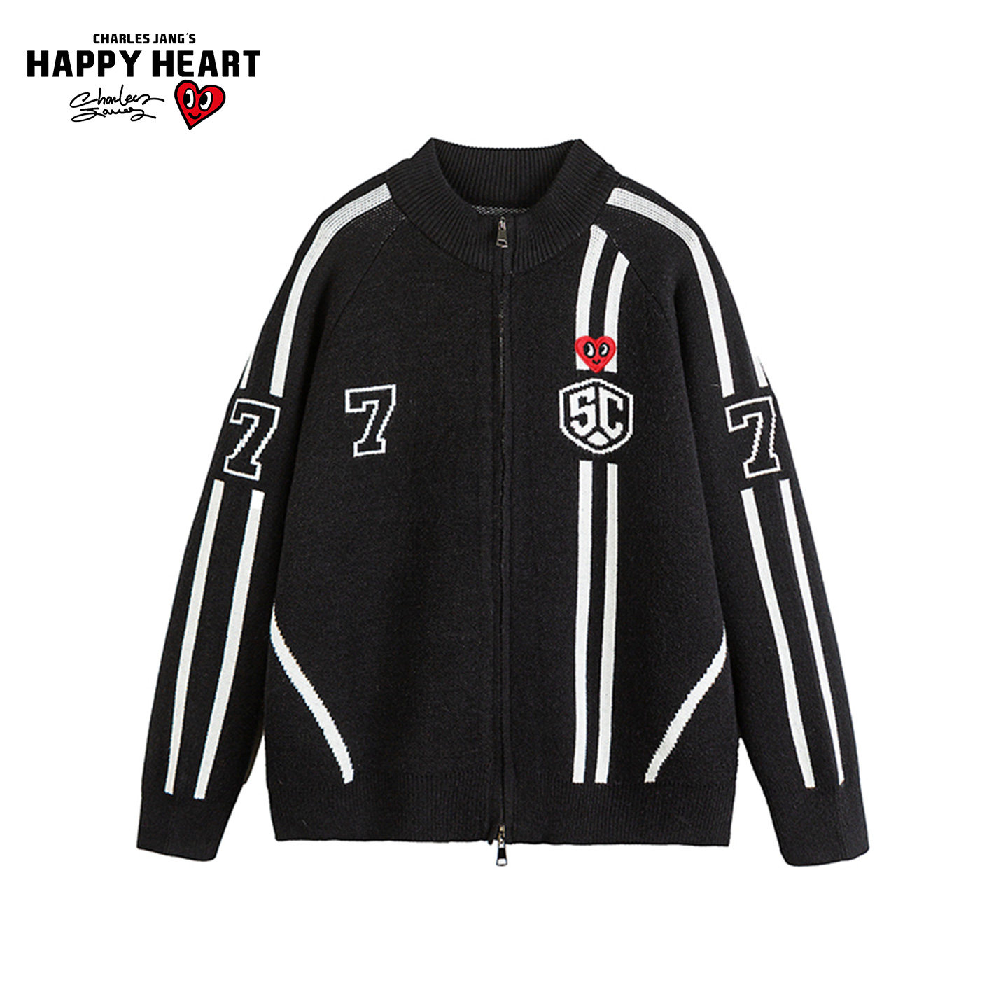 查尔斯桃心美式复古运动立领拉链开衫毛衣情侣冬保暖针织衫外套潮