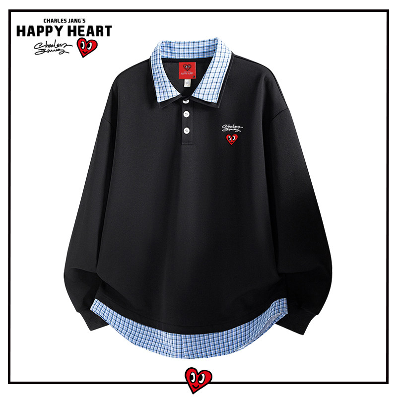 查尔斯桃心假两件POLO衬衫双层领卫衣男春秋季拼接学院风情侣上衣