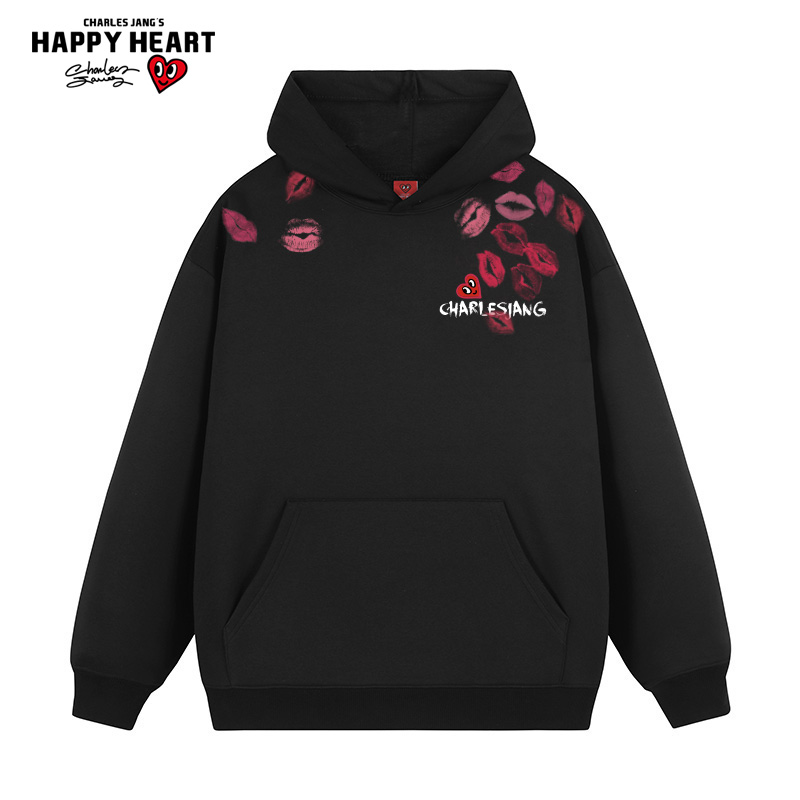 查尔斯桃心唇印印花卫衣男连帽