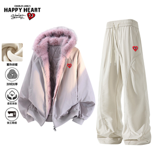 子加厚两件装 座山雕保暖棉服阔腿长裤 男女冬季 查尔斯桃心休闲套装