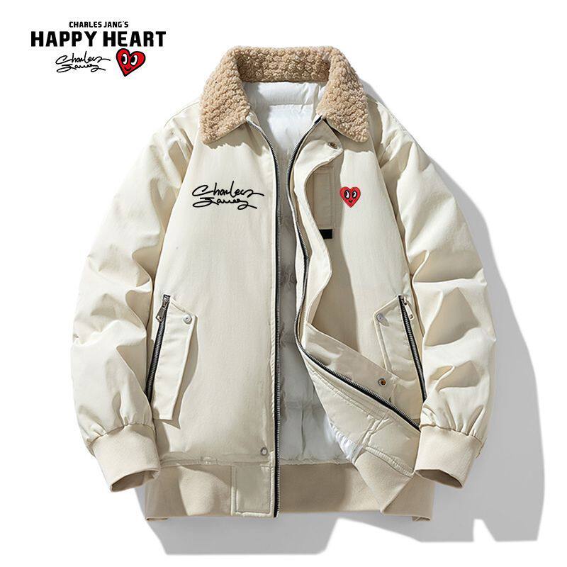 查尔斯桃心机车风冬季新款情侣飞行员加厚保暖羊羔毛翻领棉服外套