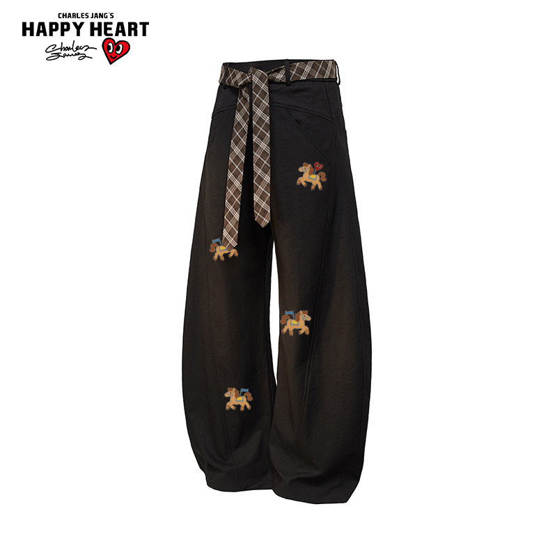查尔斯桃心小马印花弯刀裤男女春秋季2026新款宽松百搭休闲长裤子