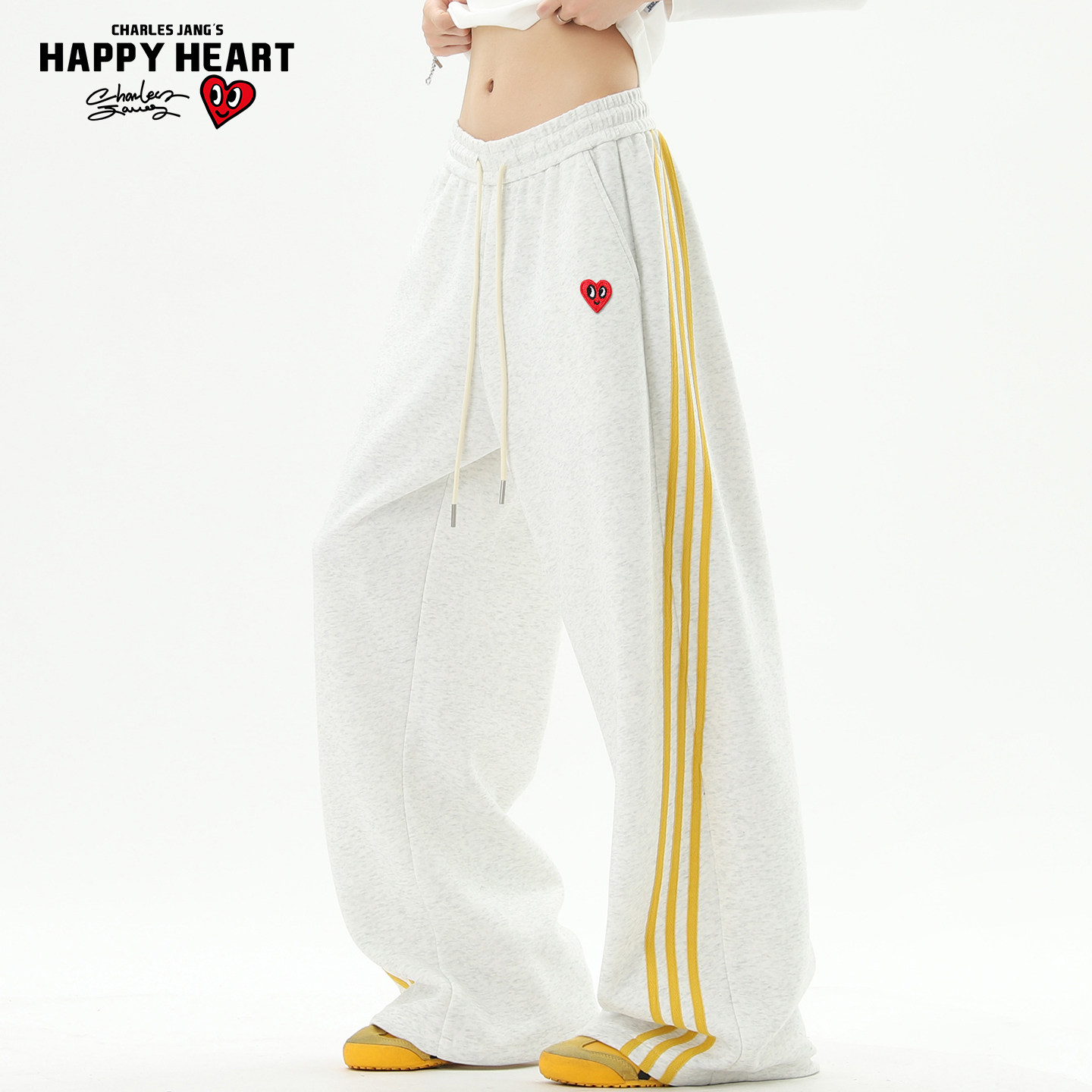 查尔斯桃心美式三条杠运动卫裤男女秋冬季加绒加厚宽松休闲阔腿裤,男装,休闲裤,淘宝优惠券,粉丝福利购,淘宝优惠卷