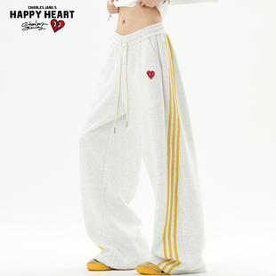 查尔斯桃心美式三条杠运动卫裤男女秋冬季加绒加厚宽松休闲阔腿裤
