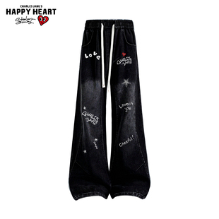 查尔斯桃心美式高街字母印花直筒牛仔裤子男女春秋季直筒休闲长裤