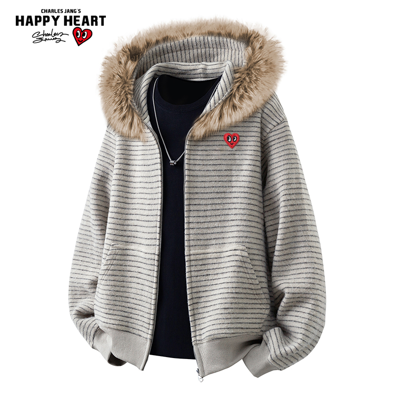 查尔斯桃心 美式毛领条纹开衫卫衣男春秋季新款宽松休闲情侣外套