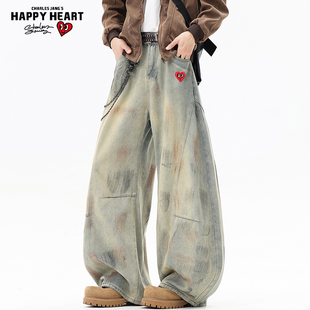 水洗做旧宽松直筒休闲弯刀裤 男女秋冬季 复古牛仔裤 查尔斯桃心美式