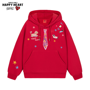 查尔斯桃心2026马年贺岁款红色腊肠狗加绒连帽卫衣秋冬新年外套