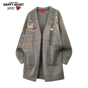 查尔斯桃心 美式中长款开衫毛衣男秋冬季腊肠狗印花情侣针织外套