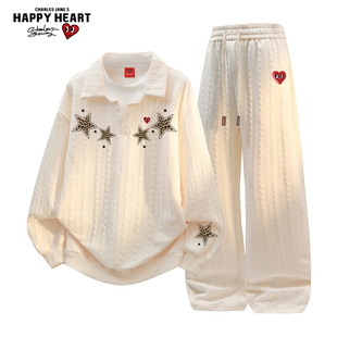 查尔斯桃心 美式假两件星星印花衬衫领卫衣套装男女直筒休闲长裤
