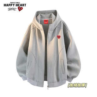 查尔斯桃心美式重磅连帽卫衣加绒加厚男女冬季新款情侣开衫外套