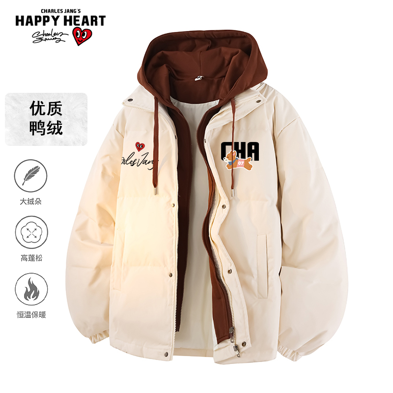 查尔斯桃心美式连帽假两件羽绒服