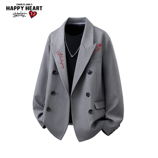 查尔斯桃心字母印花西装外套男女春秋季2026新款休闲潮牌宽松外套