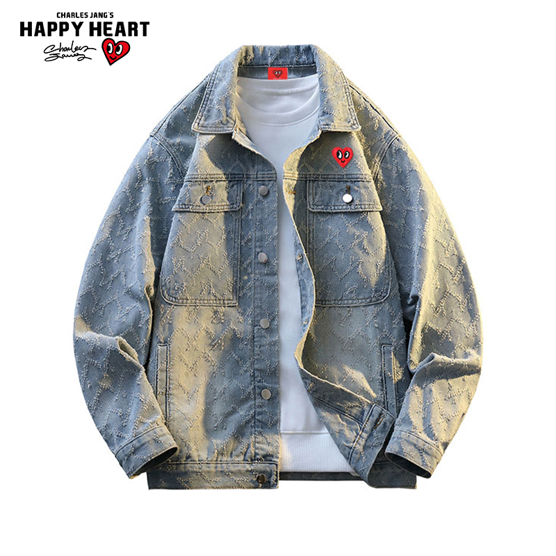 查尔斯桃心复古水洗牛仔夹克男