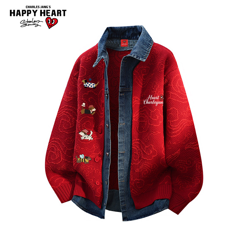 查尔斯桃心拼接假两件腊肠狗印花红色毛衣男冬季新款保暖慵懒外套