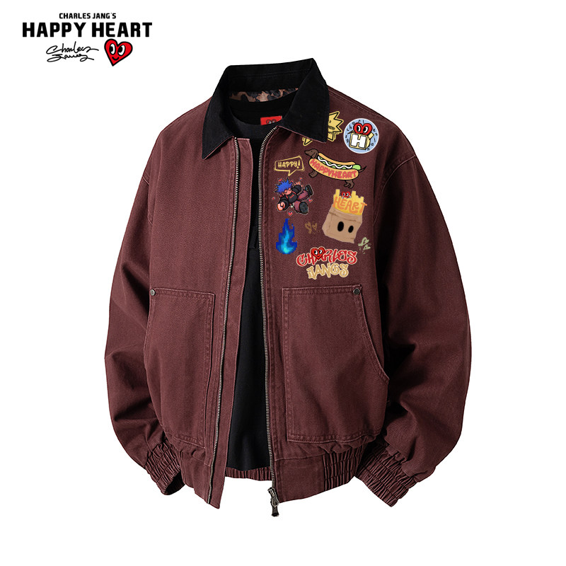 查尔斯桃心美式翻领夹克男士2026秋季新款宽松休闲运动印花外套潮