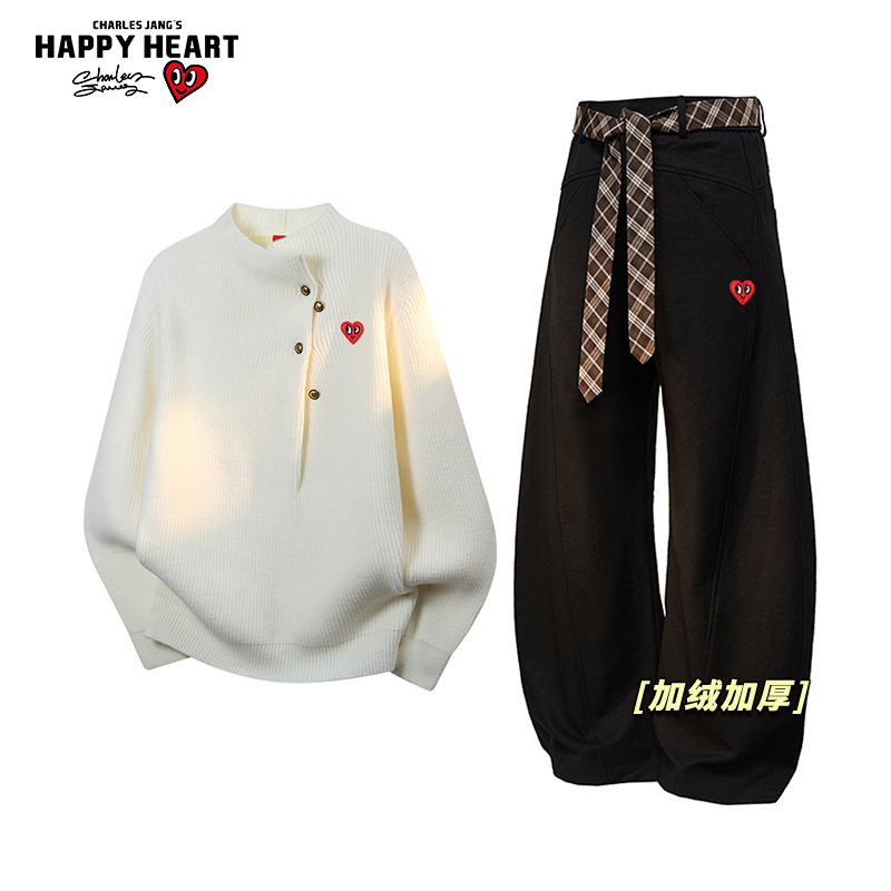 查尔斯桃心休闲套装男女冬季半高领毛衣休闲