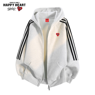 查尔斯桃心 美式拼色条纹开衫卫衣男春秋季百搭拉链潮牌连帽外套