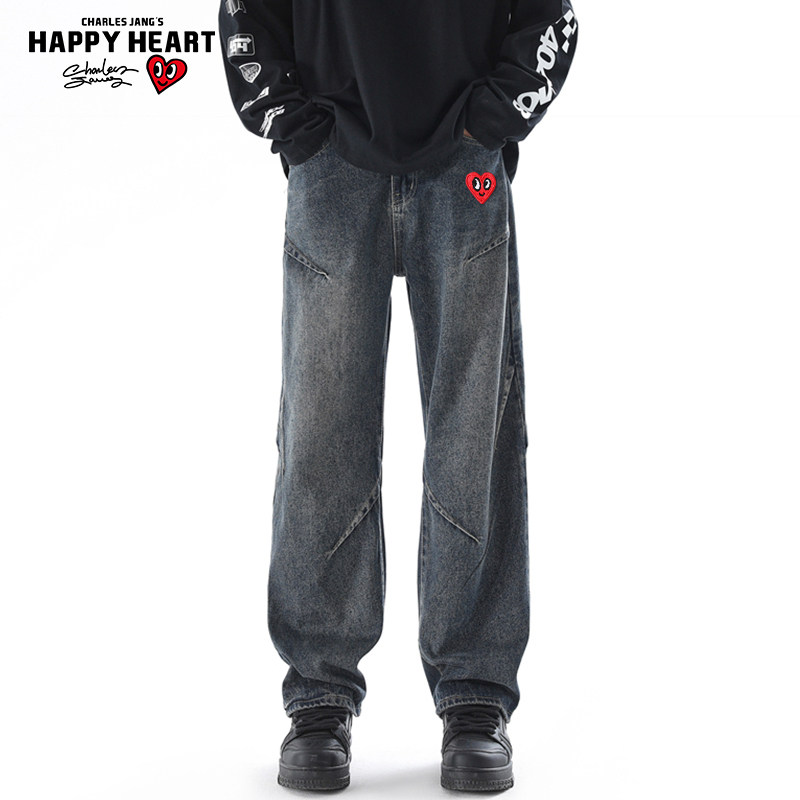 查尔斯桃心 美式复古水洗做旧牛仔裤男款春秋季直筒褶皱休闲长裤