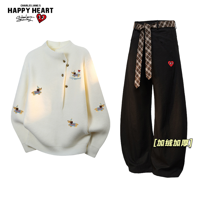 查尔斯桃心休闲套装男女冬季新款针织衫毛衣